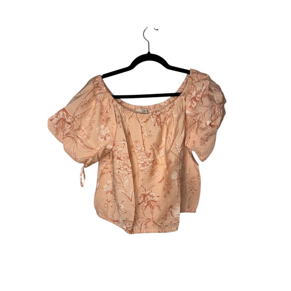 LOFT Womens Top Large Floral Print Off Shoulder Puff‎ Sleeve Blouse Peach